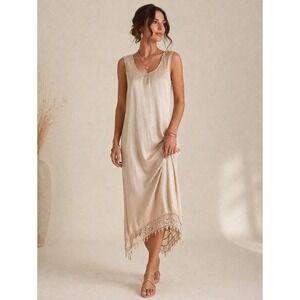 Vintage 90s Champagne Satiny Slip Dress Lace Hem Made USA Margot Lee Size M